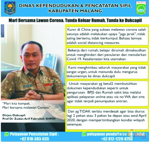 Dispendukcapil Kabupaten Malang bersiap membatasi layanan adminduk sebagai upaya pencegahan sebaran corona. (Dispenduk for MalangTimes)