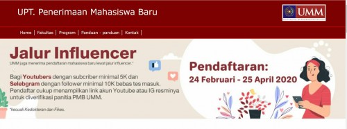 Web PMB UMM yang menampilkan jalur influencer. (Foto: istimewa)