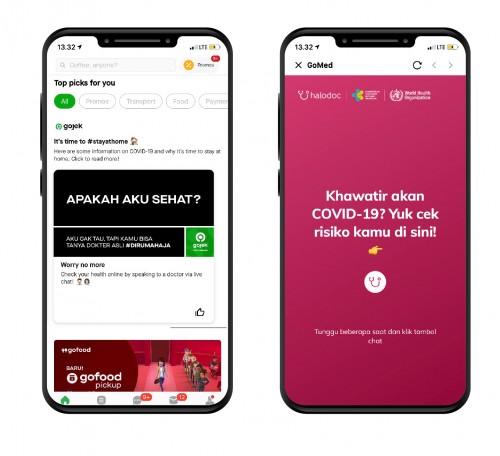 Tampilan shuffle card Check COVID-19 di aplikasi Gojek (kiri) dan Layanan Check COVID-19 di aplikasi Halodoc. (Foto: Gojek)