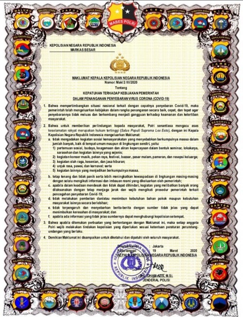 Maklumat Kapolri terkait wabah Covid 19 (Ist)
