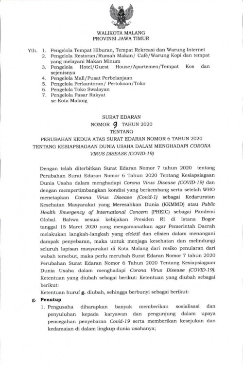 Surat Edaran Wlai Kota Malang (istimewa).