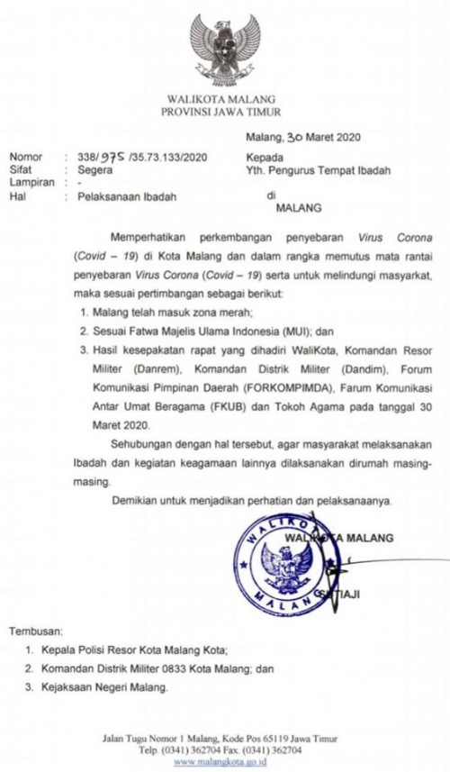 Surat perihal pelaksanaan ibadah ditujukan pada pengurus tempat ibadah (Ist).