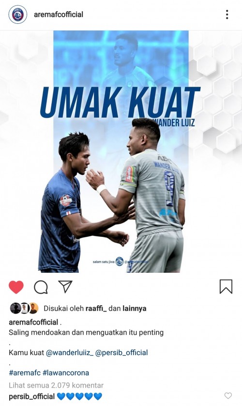 Postingan Instagram resmi Arema FC yang ucapkan dukungan kepada Wander Luiz (official Arema FC)