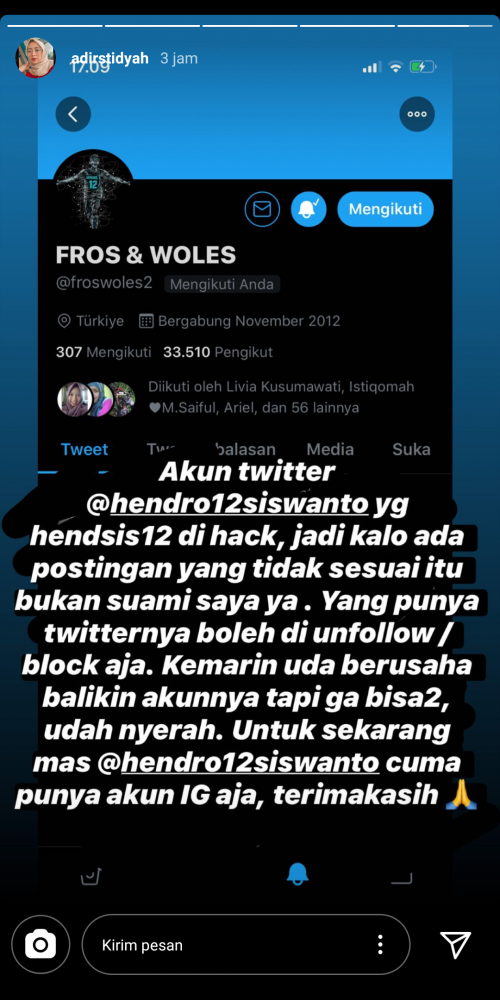 Screenshot postingan istri dari Hendro Siswanto (istimewa)