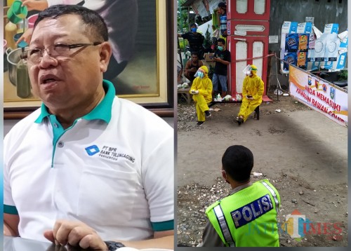 Bupati Tulungagung Maryoto Birowo dan pintu masuk ke Desa Jabalsari yang dijaga petugas (Foto : Anang Basso / TulungagungTIMES)