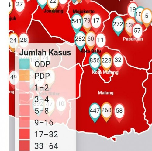 Peta penyebaran Covid-19 di kota Batu.(Foto: Screenshot info Covid Jawa Timur)