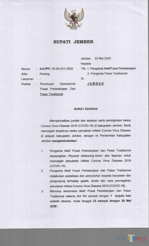 Surat edaran bupati Jember tentang penutupan pasar tradisional dan pusat perbelanjaan. (foto : istimewa / Jatim TIMES)