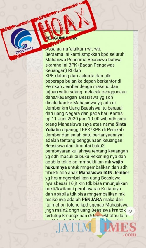 Screenshoot pesan berantai yang beredar di group whatsaap (foto : istimewa / Jatim TIMES)
