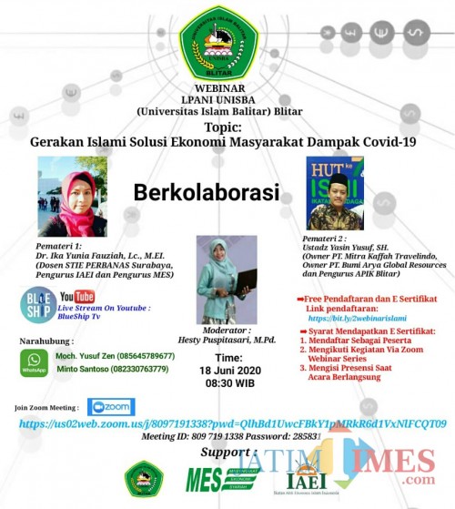 Webinar dengan tema "Gerakan Islami Solusi Ekonomi Masyarakat Dampak Covid-19" sukses digelar Unisba Blitar