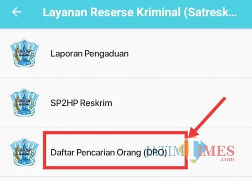Menu informasi DPO yang ada di aplikasi Jogo Malang (Anggara Sudiongko/MalangTIMES)