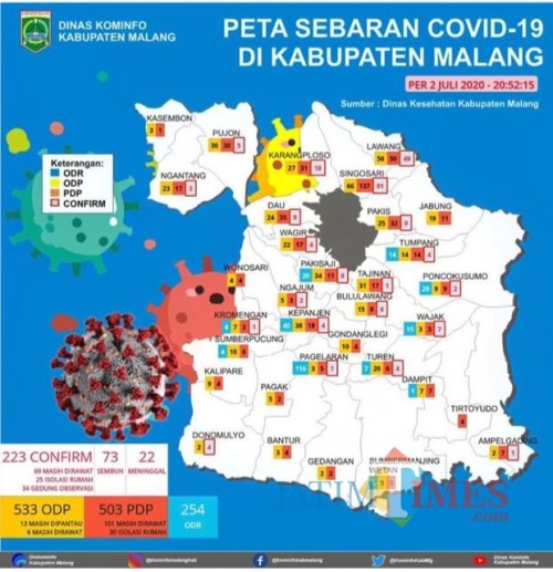 Peta sebaran kasus covid-19 di Kabupaten Malang. (Foto : Instagram Diskominfo Kabupaten Malang)