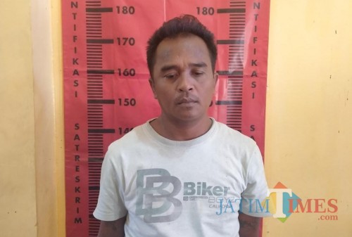 Pelaku saat diamankan di Mapolsek Gumukmas (foto : Ulum / Jatim TIMES)