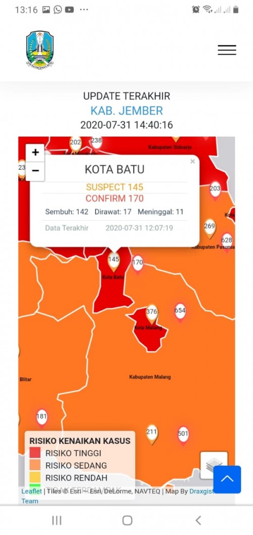Screenshot zona merah Kota Batu. (Foto: infocovid19.jatimprov.go.id)