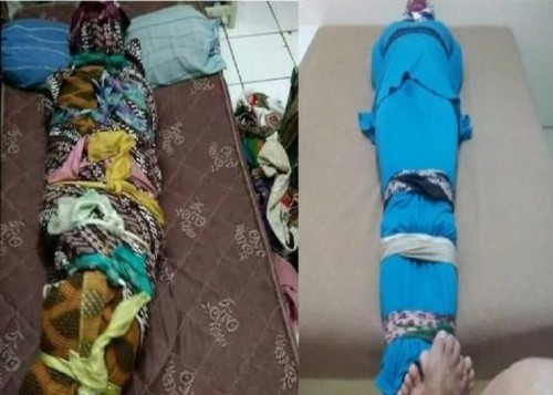 Terduga korban saat diminta membungkus dirinya dengan kain jarik. (Foto: Twitter @m_fikris)