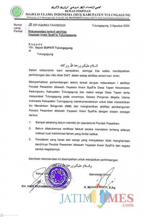 Surat Rekomendasi MUI Kabupaten Tulungagung / Foto : Istimewa / Tulungagung TIMES