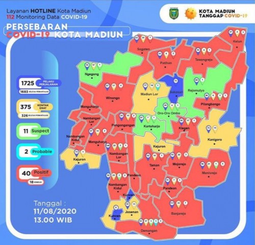 Peta persebaran covid 19 di Kota Madiun bertambah dua kasus.