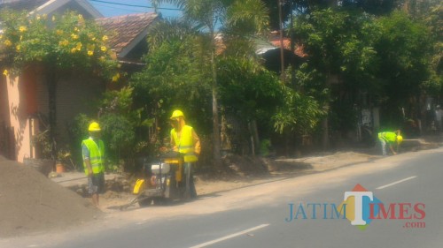 Pekerja sedang nelakukan pemasangan paving di Jalan Teratai Banyuwangi (Nurhadi Banyuwangi Jatim Times)