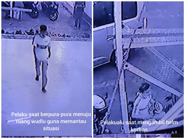 Potongan gambar rekaman CCTV saat pelaku masuk ke dalam masjid, berpura-pura wudu dan juga saat pelaku beraksi mengambil helm (Ist)