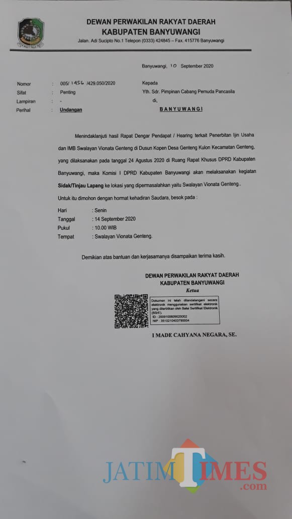 Surat Undangan Tinjau Lapang ke Swalayan Vionata Genteng yang ditandatangani Ketua DPRD Banyuwangi Nurhadi Banyuwangi Jatim Times