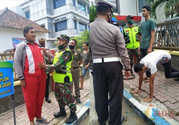 Pelanggar prokes di jalan di sanksi menghafal pancasila dan Push Up / Foto : Anang Basso / Tulungagung TIMES