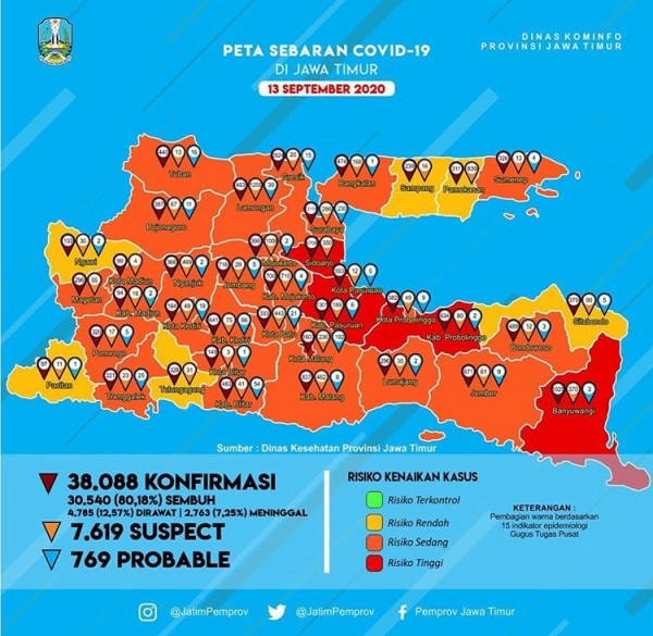 Peta sebaran covid-19 di Jaww Timur per Minggu 13 September. (Foto: instagram Pemprov jatim)