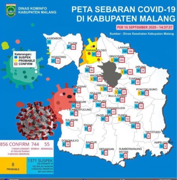 Peta sebaran kasus covid-19 di Kabupaten Malang periode 16 September 2020. (Foto : Istimewa)