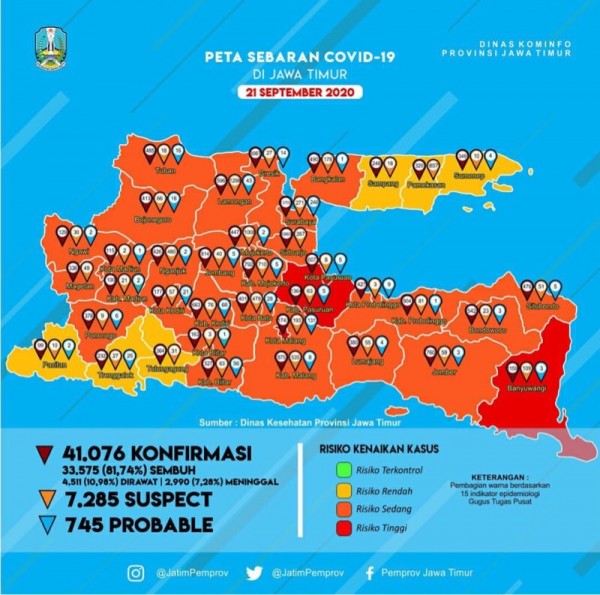 Peta sebaran kasus covid-19 di Jawa Timur periode 21 September 2020 (Foto : Istimewa)