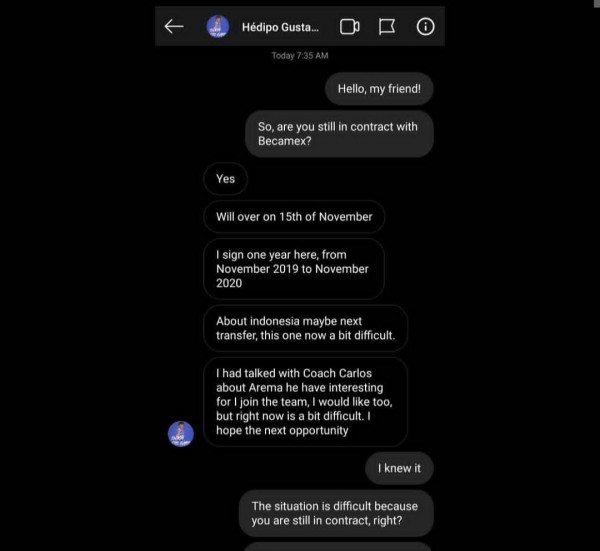 Tangkapan layar direct message Hedipo Gustavo (istimewa)