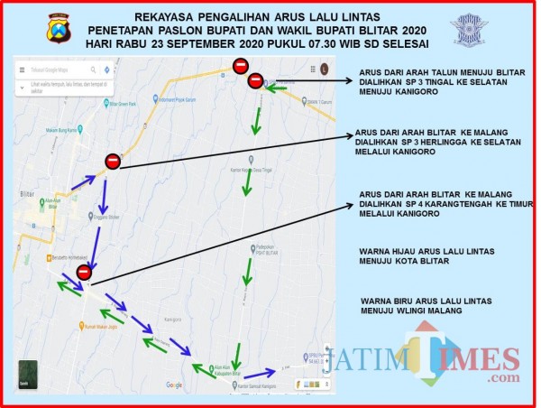 Jalur rekayasa arus lalu lintas di sekitaran kantor KPU Kab Blitar di Jalan Raya Garum