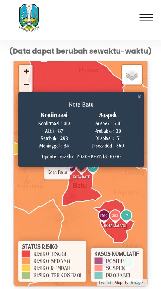 Peta Kota Batu berwarna merah. (Foto: infocovid19.jatimprov.go.id)