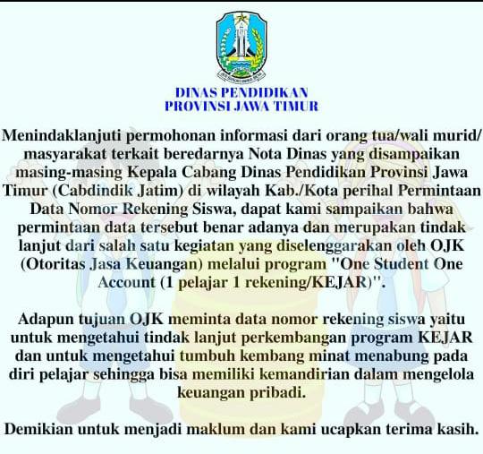 Pengumuman permintaan data rekening siswa siswi SMA/SMK di Jatim. (Istimewa)
