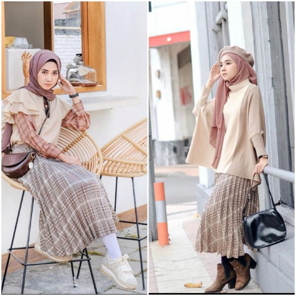 Inspirasi outfit hijab dengan plaid skirt. (Foto: Instagram @richaeu).