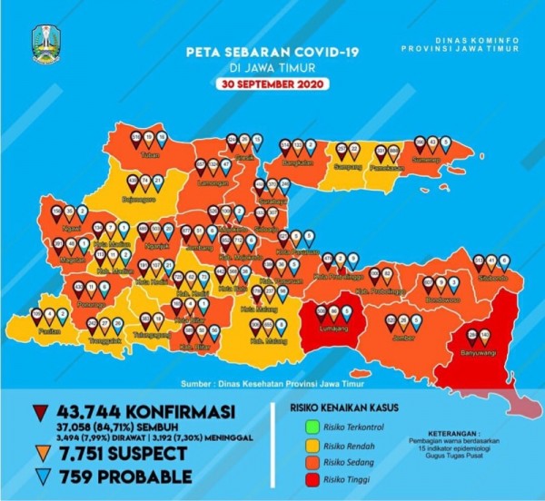 Peta sebaran kasus Covid-19 di Provinsi Jatim periode akhir September 2020 (Foto : Istimewa)
