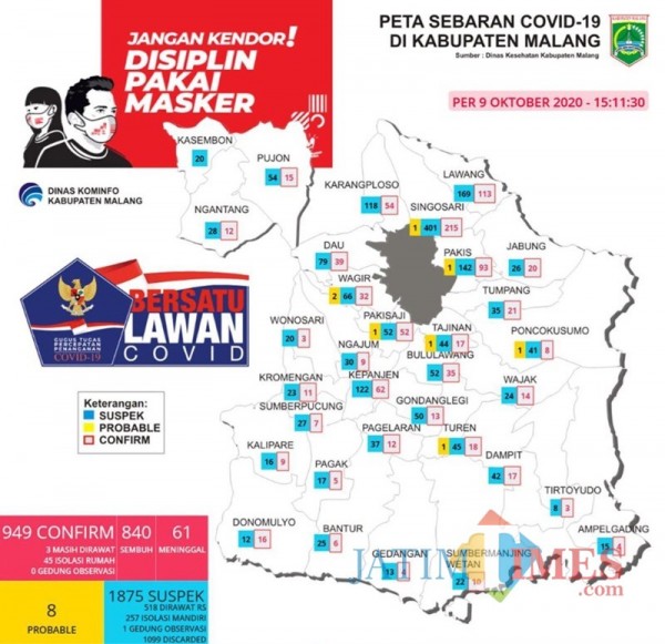Peta sebaran kasus Covid-19 di Kabupaten Malang periode 9 Oktober 2020 (Foto : Istimewa)