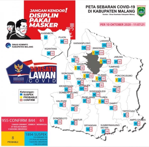 Peta sebaran kasus Covid-19 di Kabupaten Malang periode 10 Oktober 2020 (Foto : Istimewa)