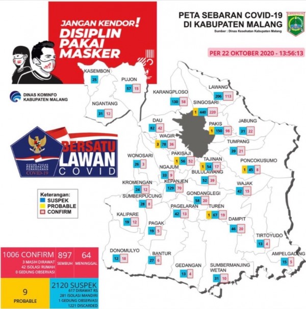 Peta sebaran kasus Covid-19 di Kabupaten Malang periode 22 Oktober 2020 (Foto : Istimewa)