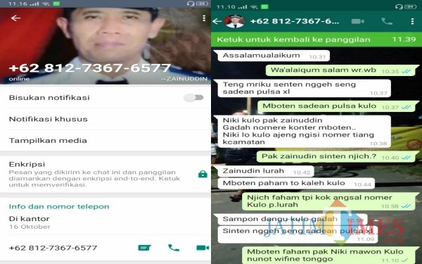 Bukti terbaru foto profil Kades Bajarejo dijadikan modus minta pulsa / Foto : Istimewa / Tulungagung TIMES