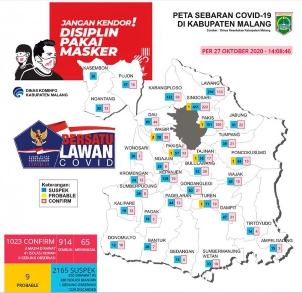 Peta sebaran kasus Covid-19 di Kabupaten Malang periode 27 Oktober 2020 (Foto : Istimewa)