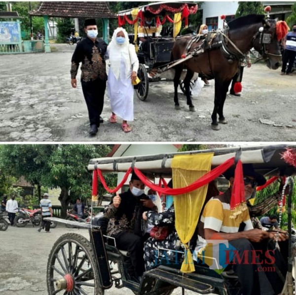 Purnomo yang didampingi istri beserta para pendukungnya datang dengan naik kereta andong