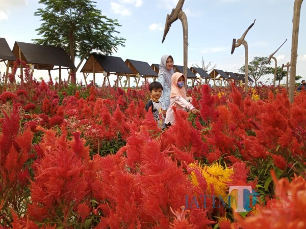 Seorang ibu dan 2 anaknya saat berwisata di tempat wisata buatan (Joko Pramono - JatimTIMES)