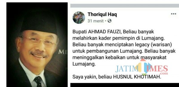 Unggahan Bupati Lumajang H. Thoriqul Haq melalui akun media sosialnya (Foto : Moch. R. Abdul Fatah / Jatim TIMES)