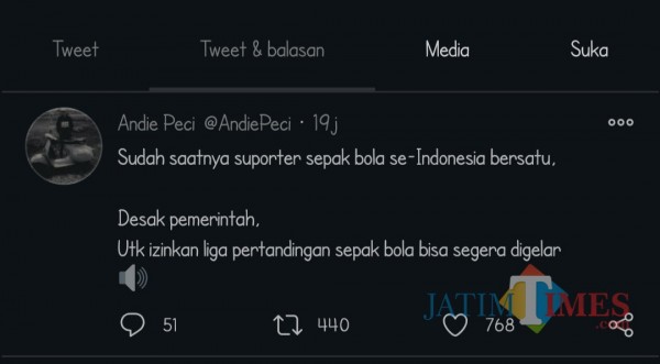 Cuitan Andi Peci di Twitter pribadinya (screenshot Twitter)