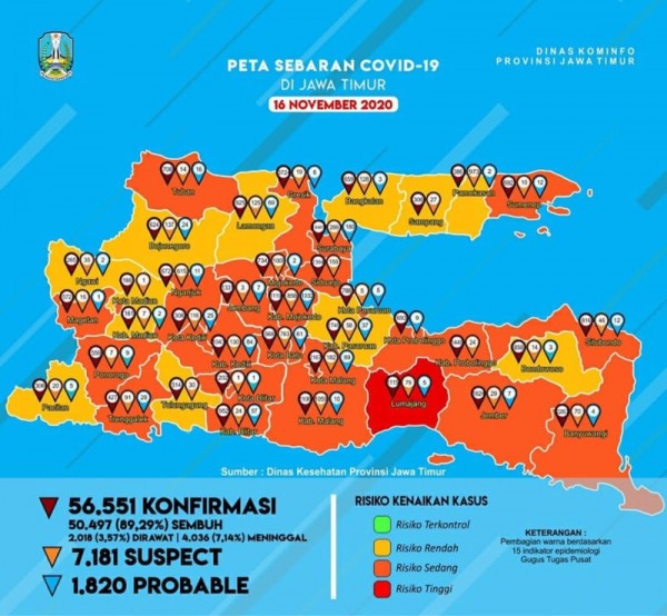 Peta sebaran kasus covid-19 di Provinsi Jawa Timur periode 16 November 2020. (Foto : Istimewa)