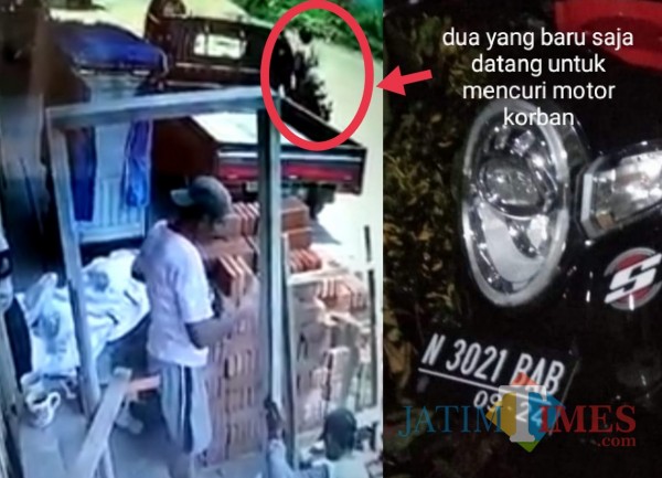 Potongan gambar CCTV pelaku saat akan beraksi dan juga foto motor korban yang hilang (Anggara Sudiongko/MalangTIMES)