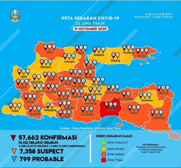 Peta sebaran kasus Covid-19 di Provinsi Jawa Timur periode 19 November 2020 (Foto: Istimewa)
