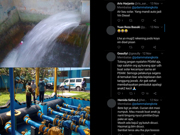 Kolase peninjauan tandon berbau solar dan komentar warganet di media sosial.