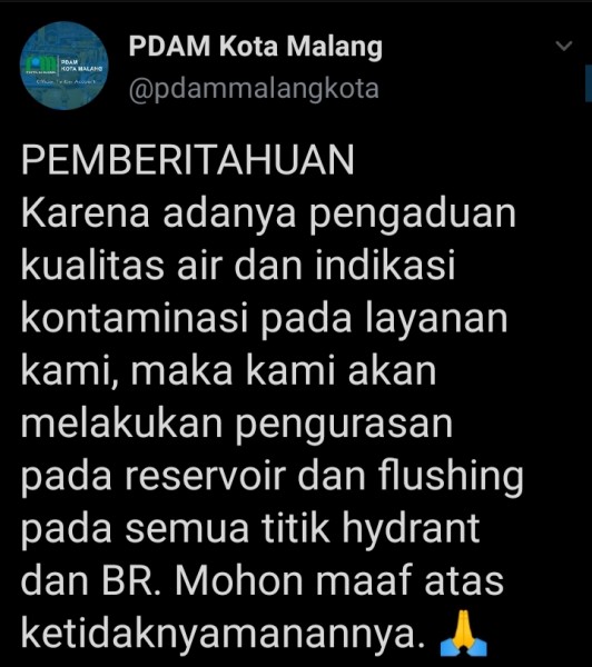 Pemberitahuan dari PDAM Kota Malang berkaitan dengan aduan air terkontaminasi minyak tanah pada 12 November 2020 lalu (Twitter PDAM Kota Malang).