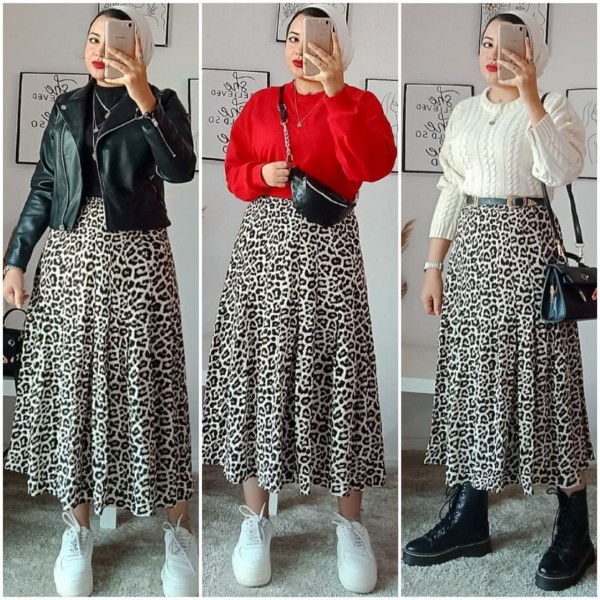 3 look berbeda dengan satu jenis skirt leopard ala influencer Hajar Gamal. (Foto: Instagram @hajargmal).