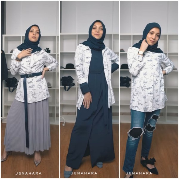 Styling basic shirt menjadi tiga look berbeda ala fashin designer Jenahara. (Foto: Instagram @jenaharanasution).