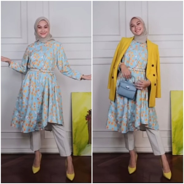 Mix and match floral tunik menjadi outfit lebih ceria ala Indah Nada Puspita. (Foto: Instagram @indahnadapuspita).